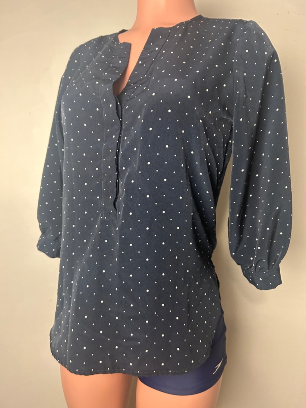 Banana Republic Blue & White Polka Dot Tunic Top 3/4 Sleeve Sz Small Petite